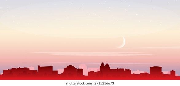 Cartel panorámico rojo del horizonte de la ciudad con edificios de fondo brumoso, salida del sol, luna y nubes de ZURICH, SUIZA