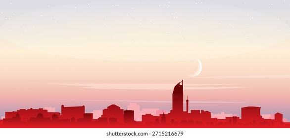 Cartel panorámico rojo del horizonte de la ciudad con edificios de fondo brumoso, salida del sol, luna y nubes de LA HAYA, PAÍSES BAJOS