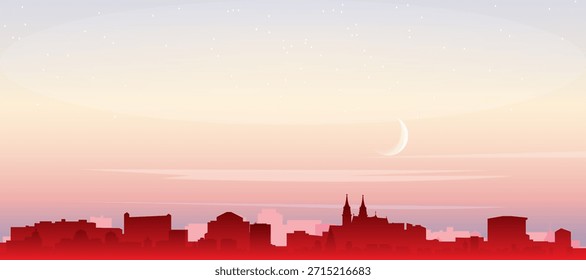 Cartel panorámico rojo del horizonte de la ciudad con edificios de fondo brumoso, salida del sol, luna y nubes de BASILEA, SUIZA