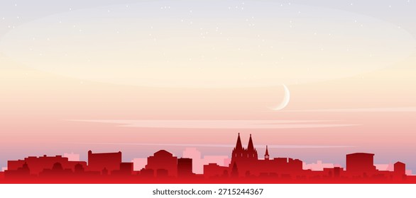 Cartel panorámico rojo del horizonte de la ciudad con edificios de fondo brumoso, salida del sol, luna y nubes de COLONIA, ALEMANIA
