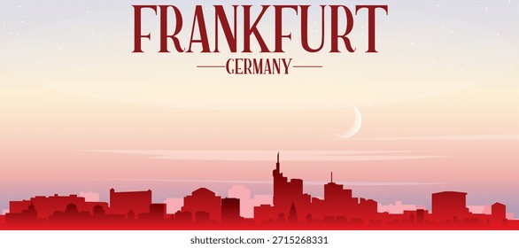 Cartel panorámico rojo del horizonte de la ciudad con edificios de fondo brumoso, salida del sol, luna y nubes de FRÁNCFORT, ALEMANIA