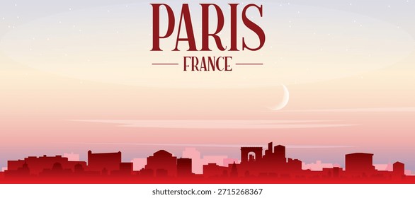 Red panoramic poster of the city skyline with misty background buildings, sunrise, moon and clouds of PARIS, FRANCE