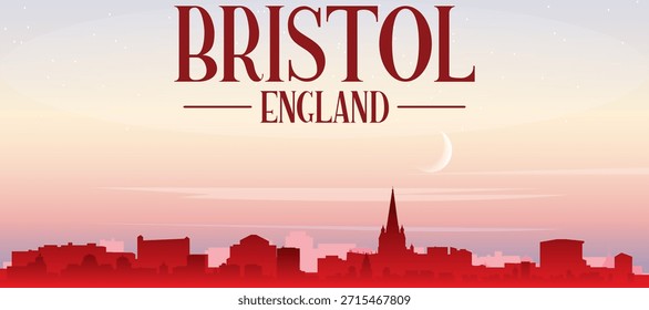 Cartel panorámico rojo del horizonte de la ciudad con edificios de fondo brumoso, salida del sol, luna y nubes de BRISTOL, REINO UNIDO