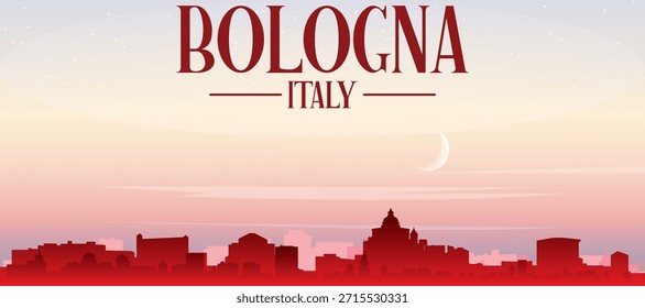 Cartel panorámico rojo del horizonte de la ciudad con edificios de fondo brumoso, salida del sol, luna y nubes de BOLONIA, ITALIA