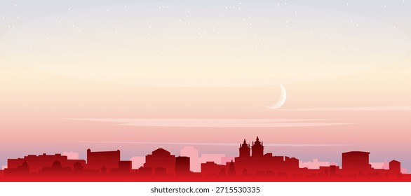 Cartel panorámico rojo del horizonte de la ciudad con edificios de fondo brumoso, amanecer, luna y nubes de SALVADOR, BRASIL