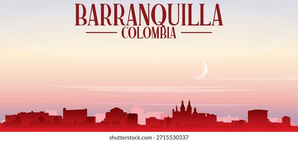 Cartel panorámico rojo del horizonte de la ciudad con edificios de fondo brumoso, amanecer, luna y nubes de BARRANQUILLA, COLOMBIA