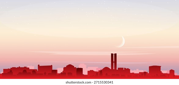 Cartaz panorâmico vermelho do horizonte da cidade com edifícios de fundo nebulosos, nascer do sol, lua e nuvens de BRASÍLIA, BRASIL