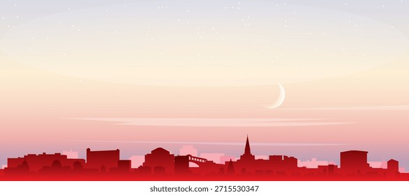 Cartel panorámico rojo del horizonte de la ciudad con edificios de fondo brumoso, salida del sol, luna y nubes de VENECIA, ITALIA