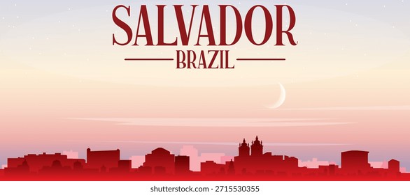 Cartel panorámico rojo del horizonte de la ciudad con edificios de fondo brumoso, amanecer, luna y nubes de SALVADOR, BRASIL