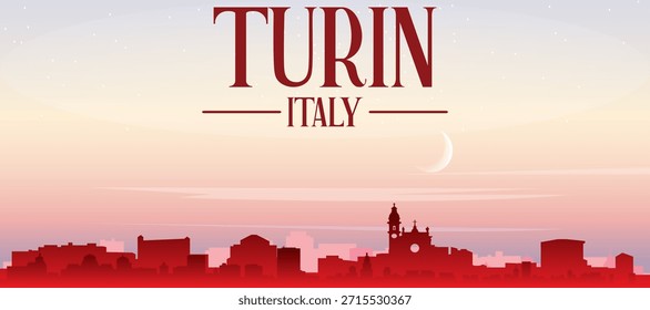 Red panoramic poster of the city skyline with misty background buildings, sunrise, moon and clouds of TURIN, ITALY