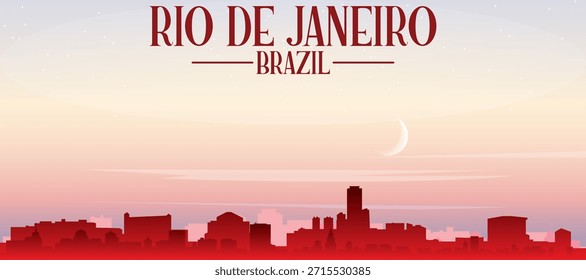 Rotes Panorama-Poster der Skyline der Stadt mit nebeligen Hintergrundgebäuden, Sonnenaufgang, Mond und Wolken von RIO DE JANEIRO, BRASILIEN