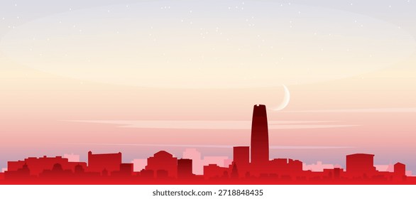 Red panoramic poster of the city skyline with misty background buildings, sunrise, moon and clouds of SANTIAGO, CHILE