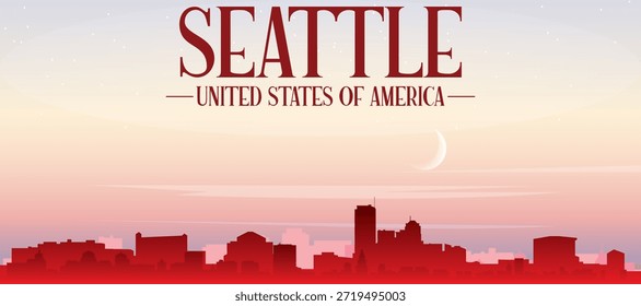 Cartel panorámico rojo del horizonte de la ciudad con edificios de fondo brumoso, salida del sol, luna y nubes de SEATTLE, ESTADOS UNIDOS