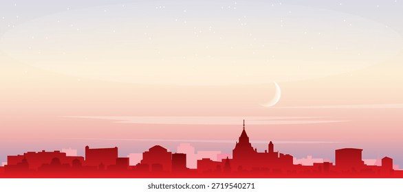 Rotes Panorama-Poster der Skyline der Stadt mit nebeligen Hintergrundgebäuden, Sonnenaufgang, Mond und Wolken von OTTAWA, KANADA