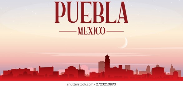 Cartel panorámico rojo del horizonte de la ciudad con edificios de fondo brumoso, amanecer, luna y nubes de PUEBLA, MÉXICO