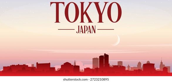 Cartel panorámico rojo del horizonte de la ciudad con edificios de fondo brumoso, salida del sol, luna y nubes de TOKIO, JAPÓN