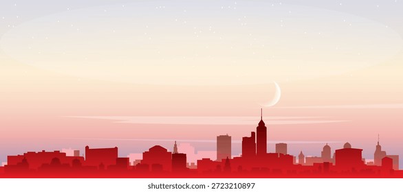 Cartel panorámico rojo del horizonte de la ciudad con edificios brumosos del fondo, salida del sol, luna y nubes de HONG KONG, CHINA