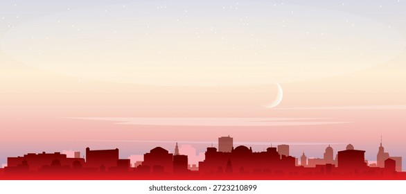 Cartel panorámico rojo del horizonte de la ciudad con edificios de fondo brumoso, salida del sol, luna y nubes de BERLÍN, ALEMANIA