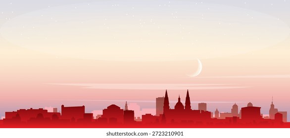 Cartel panorámico rojo del horizonte de la ciudad con edificios de fondo brumoso, amanecer, luna y nubes de GUADALAJARA, MÉXICO