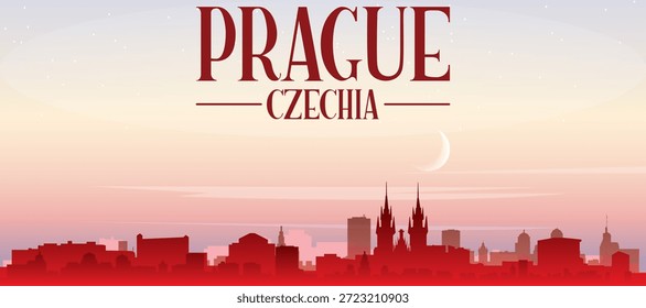 Cartel panorámico rojo del horizonte de la ciudad con edificios de fondo brumoso, salida del sol, luna y nubes de PRAGA, REPÚBLICA CHECA