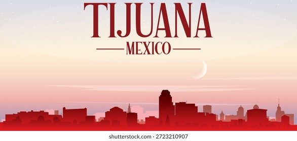 Cartel panorámico rojo del horizonte de la ciudad con edificios de fondo brumoso, amanecer, luna y nubes de TIJUANA, MÉXICO