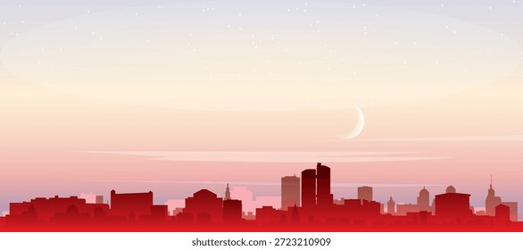 Cartel panorámico rojo del horizonte de la ciudad con edificios de fondo brumoso, salida del sol, luna y nubes de TOKIO, JAPÓN