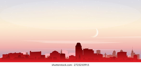 Cartel panorámico rojo del horizonte de la ciudad con edificios de fondo brumoso, amanecer, luna y nubes de TIJUANA, MÉXICO