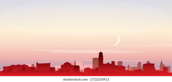 Cartaz panorâmico vermelho do horizonte da cidade com edifícios de fundo nebulosos, nascer do sol, lua e nuvens de PUEBLA, MÉXICO