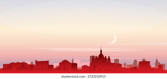 Cartel panorámico rojo del horizonte de la ciudad con edificios de fondo brumoso, salida del sol, luna y nubes de KIEV, UCRANIA