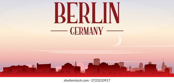 Cartel panorámico rojo del horizonte de la ciudad con edificios de fondo brumoso, salida del sol, luna y nubes de BERLÍN, ALEMANIA