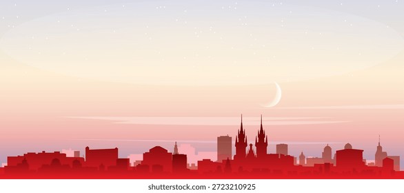 Cartel panorámico rojo del horizonte de la ciudad con edificios de fondo brumoso, salida del sol, luna y nubes de PRAGA, REPÚBLICA CHECA