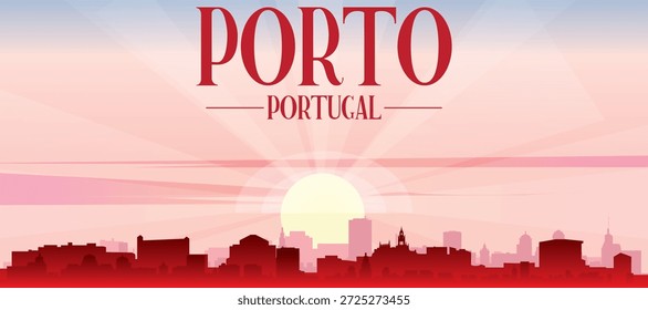 Rotes Panorama-Poster der Skyline der Stadt mit nebeligen Hintergrundgebäuden, Sonnenaufgang, Mond und Wolken von PORTO, PORTUGAL