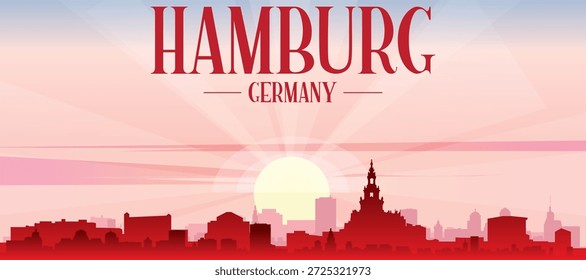Red panoramic poster of the city skyline with misty background buildings, sunrise, moon and clouds of HAMBURG, GERMANY