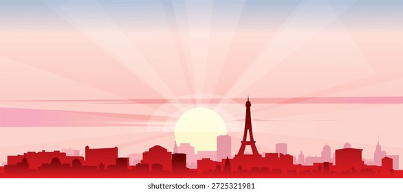 Cartel panorámico rojo del horizonte de la ciudad con edificios de fondo brumoso, salida del sol, luna y nubes de PARÍS, FRANCIA
