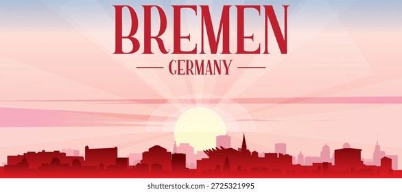 Cartel panorámico rojo del horizonte de la ciudad con edificios de fondo brumoso, salida del sol, luna y nubes de BREMEN, ALEMANIA