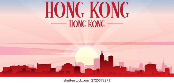 Cartel panorámico rojo del horizonte de la ciudad con edificios brumosos del fondo, salida del sol, luna y nubes de HONG KONG, CHINA