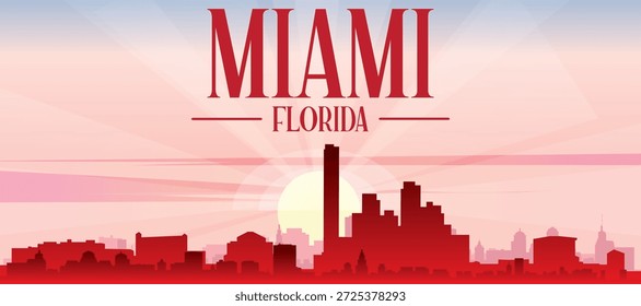 Cartel panorámico rojo del horizonte de la ciudad con edificios de fondo brumoso, salida del sol, luna y nubes de MIAMI, FLORIDA