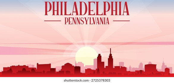 Cartel panorámico rojo del horizonte de la ciudad con edificios de fondo brumoso, salida del sol, luna y nubes de FILADELFIA, PENSILVANIA