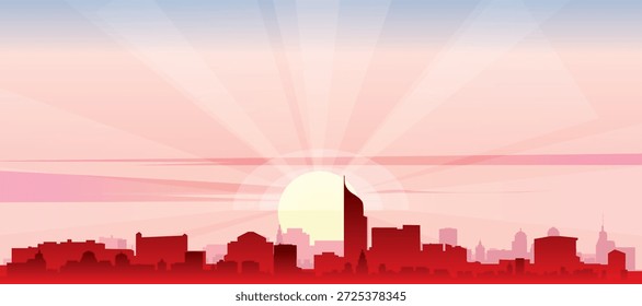 Rotes Panorama-Poster der Skyline der Stadt mit nebeligen Hintergrundgebäuden, Sonnenaufgang, Mond und Wolken von JAKARTA, INDONESIEN