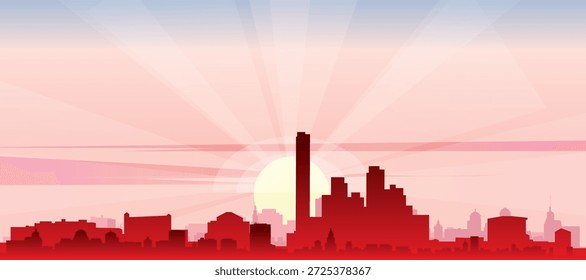 Cartel panorámico rojo del horizonte de la ciudad con edificios de fondo brumoso, salida del sol, luna y nubes de MIAMI, FLORIDA