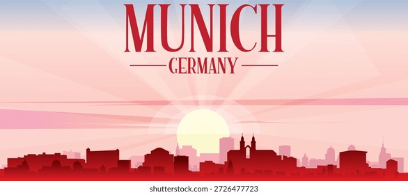 Cartel panorámico rojo del horizonte de la ciudad con edificios de fondo brumoso, salida del sol, luna y nubes de MÚNICH, ALEMANIA