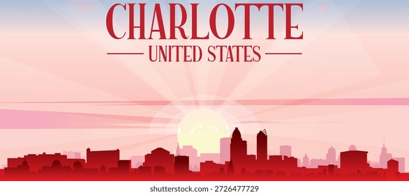 Red panoramic poster of the city skyline with misty background buildings, sunrise, moon and clouds of CHARLOTTE, UNITED STATES