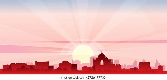 Cartel panorámico rojo del horizonte de la ciudad con edificios de fondo brumoso, salida del sol, luna y nubes de la NUEVA DELHI, INDIA