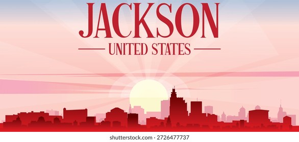 Cartaz panorâmico vermelho do horizonte da cidade com edifícios de fundo nebulosos, nascer do sol, lua e nuvens de JACKSON, ESTADOS UNIDOS