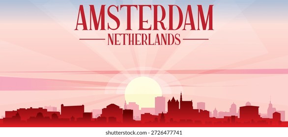 Red panoramic poster of the city skyline with misty background buildings, sunrise, moon and clouds of AMSTERDAM, NETHERLANDS