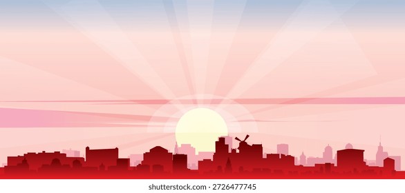 Rotes Panoramaplakat der Skyline der Stadt mit nebeligen Gebäuden, Sonnenaufgang, Mond und Wolken von PARIS, FRANKREICH