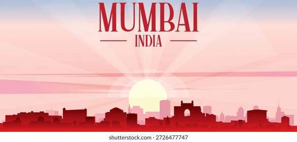 Cartel panorámico rojo del horizonte de la ciudad con edificios de fondo brumoso, salida del sol, luna y nubes de MUMBAI, INDIA