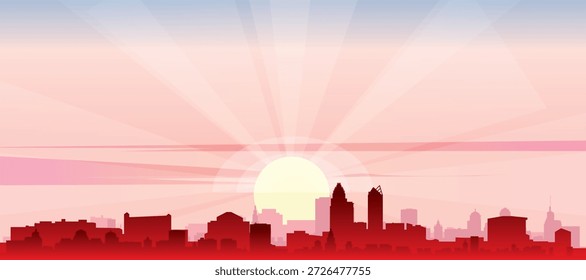 Red panoramic poster of the city skyline with misty background buildings, sunrise, moon and clouds of CHARLOTTE, UNITED STATES