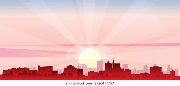 Cartaz panorâmico vermelho do horizonte da cidade com edifícios de fundo nebulosos, nascer do sol, lua e nuvens de AMSTERDÃ, PAÍSES BAIXOS