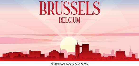 Cartaz panorâmico vermelho do horizonte da cidade com edifícios de fundo nebulosos, nascer do sol, lua e nuvens de BRUXELAS, BÉLGICA